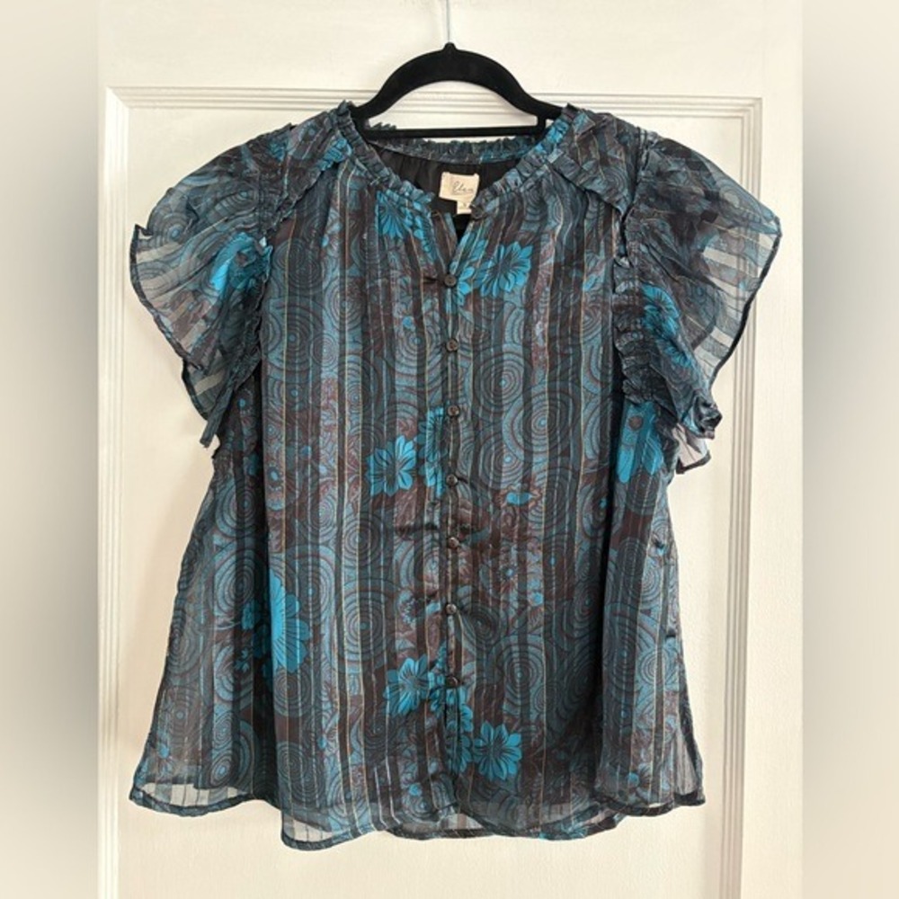 NWT Women's Elan Blue Floral Short Sleeve Blouse Size Small